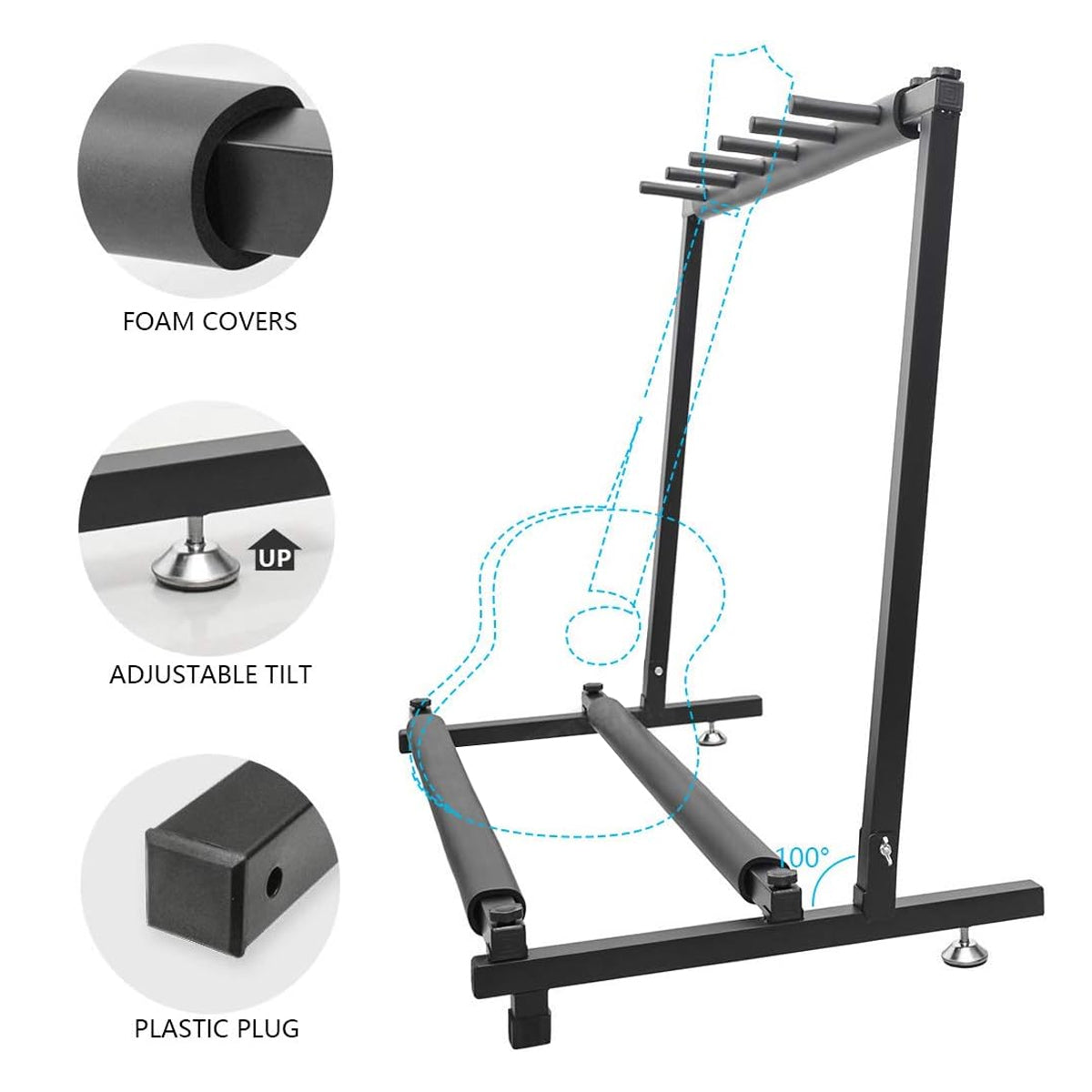 Matte black metal multi guitar stand displaying acoustic and electric guitars securely on floor. — view 4