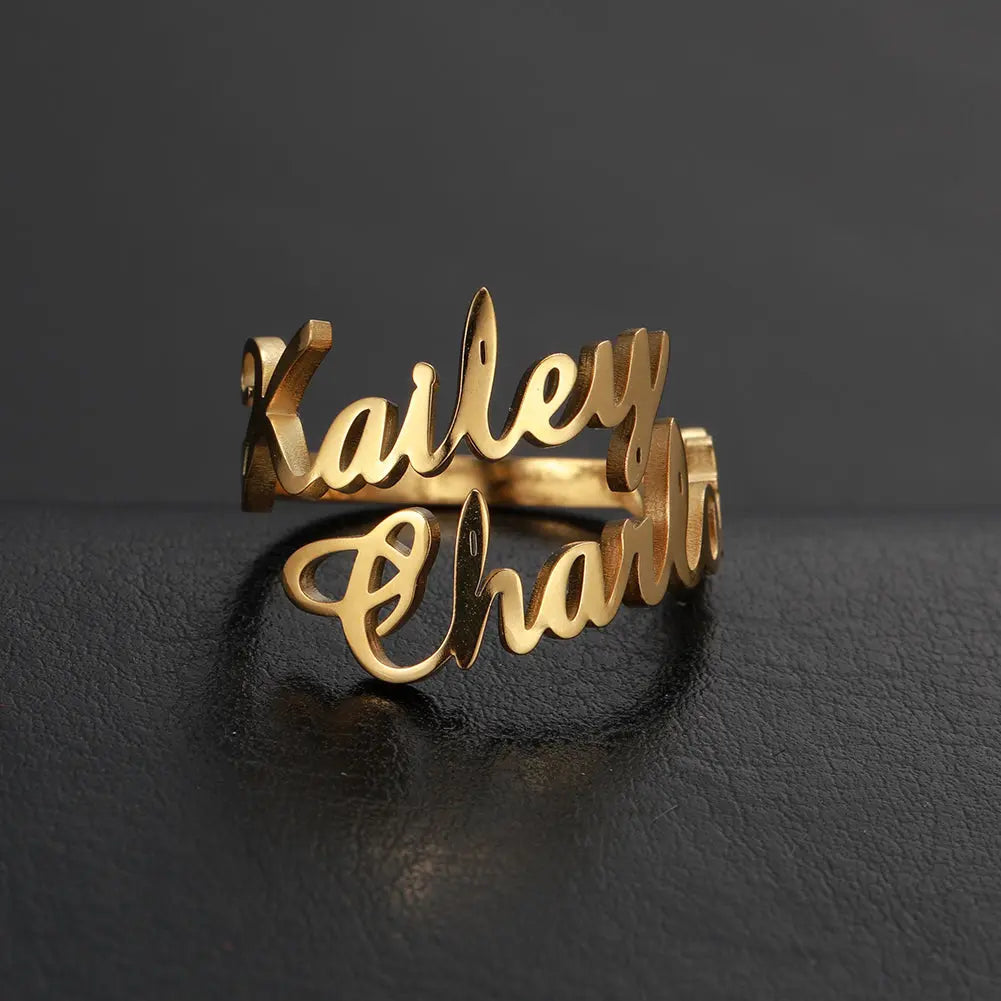 Personalized custom name ring in polished 18k gold featuring delicate cursive typography styling — view 5