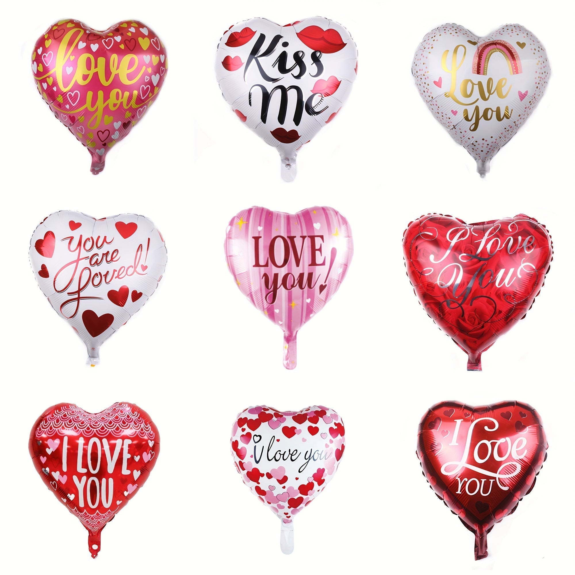 Set of ten mixed color heart-shaped aluminum foil balloons for romantic Valentine's Day party decorations