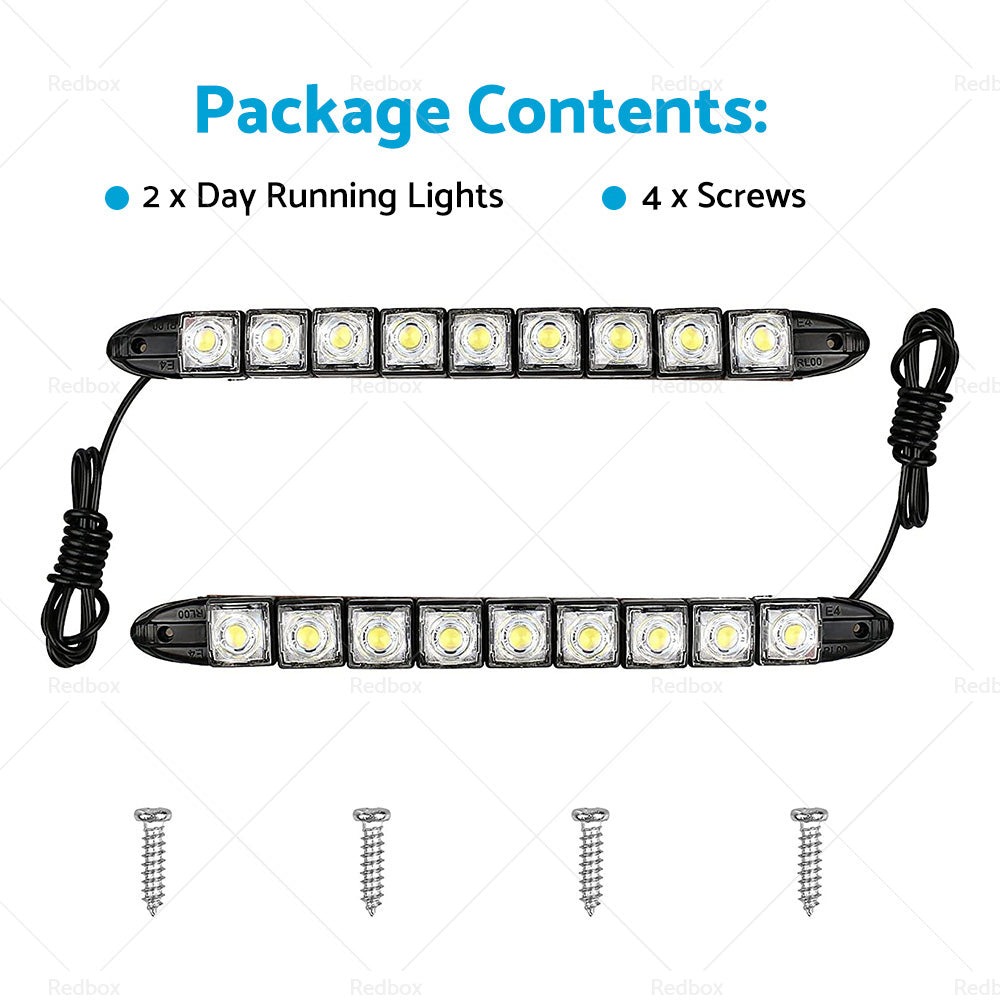 Two black rubber 9 LED daytime running lights for car front bumpers with mounting screws — view 3