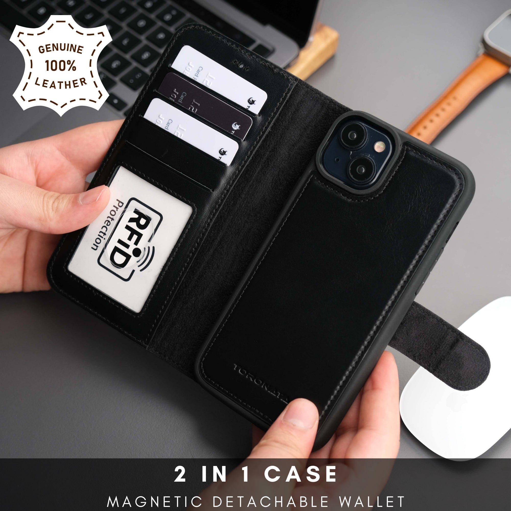 Genuine leather iPhone 15 Plus wallet case featuring a detachable MagSafe back cover and card slots — view 2