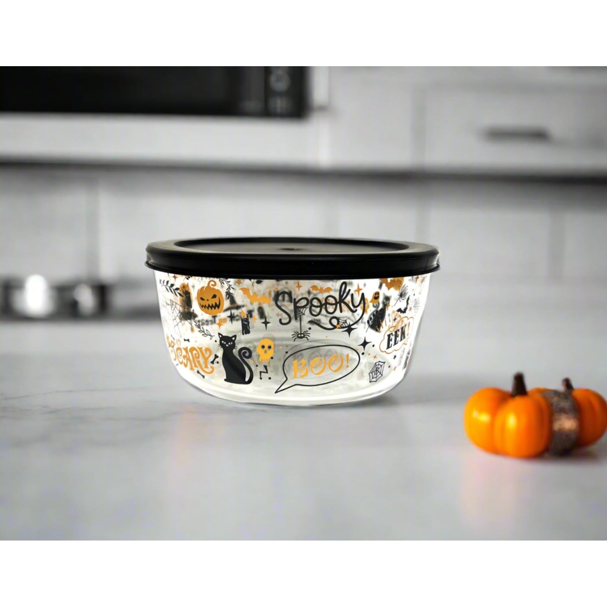 Round 32oz glass food storage containers with airtight lids and festive Halloween themed designs — view 4