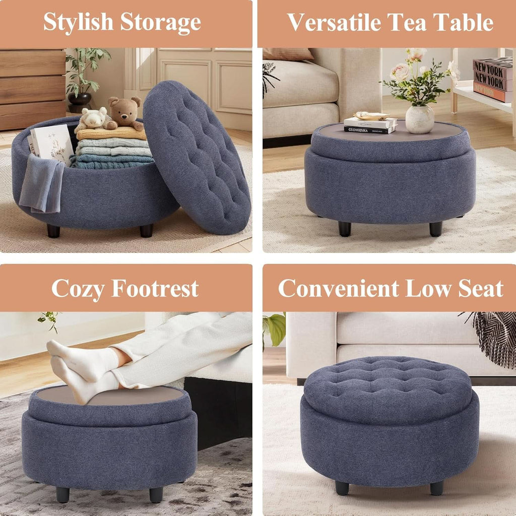 Blue upholstered circular storage ottoman with reversible wooden serving tray and hidden storage compartment — view 3