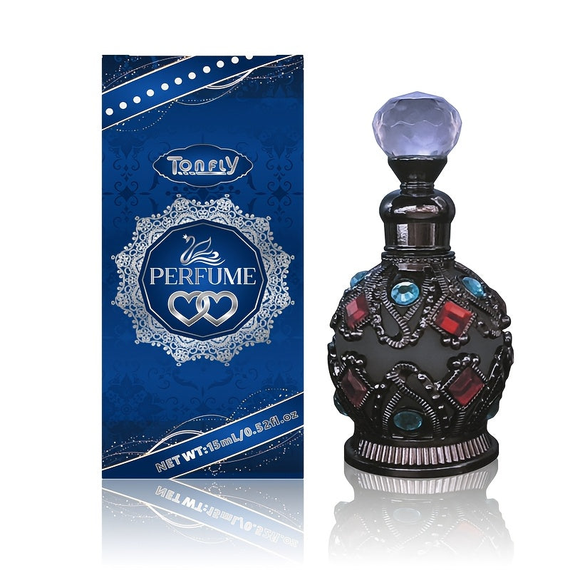 Enchanted Arabian Dreams essential oil perfume in an elegant blue and gold 50ml glass bottle. — view 3