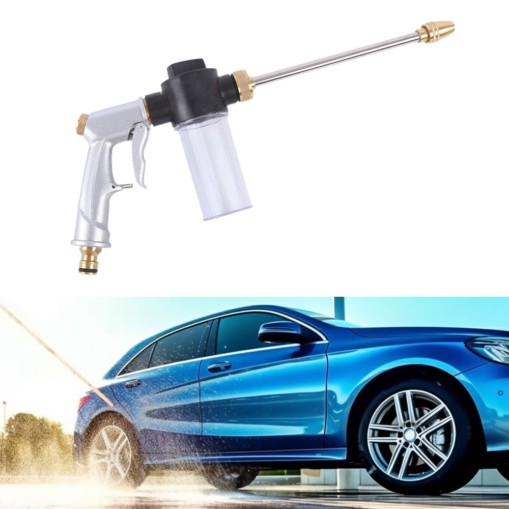 Long pole high pressure garden hose nozzle with attached foam bottle and copper interface fitting
