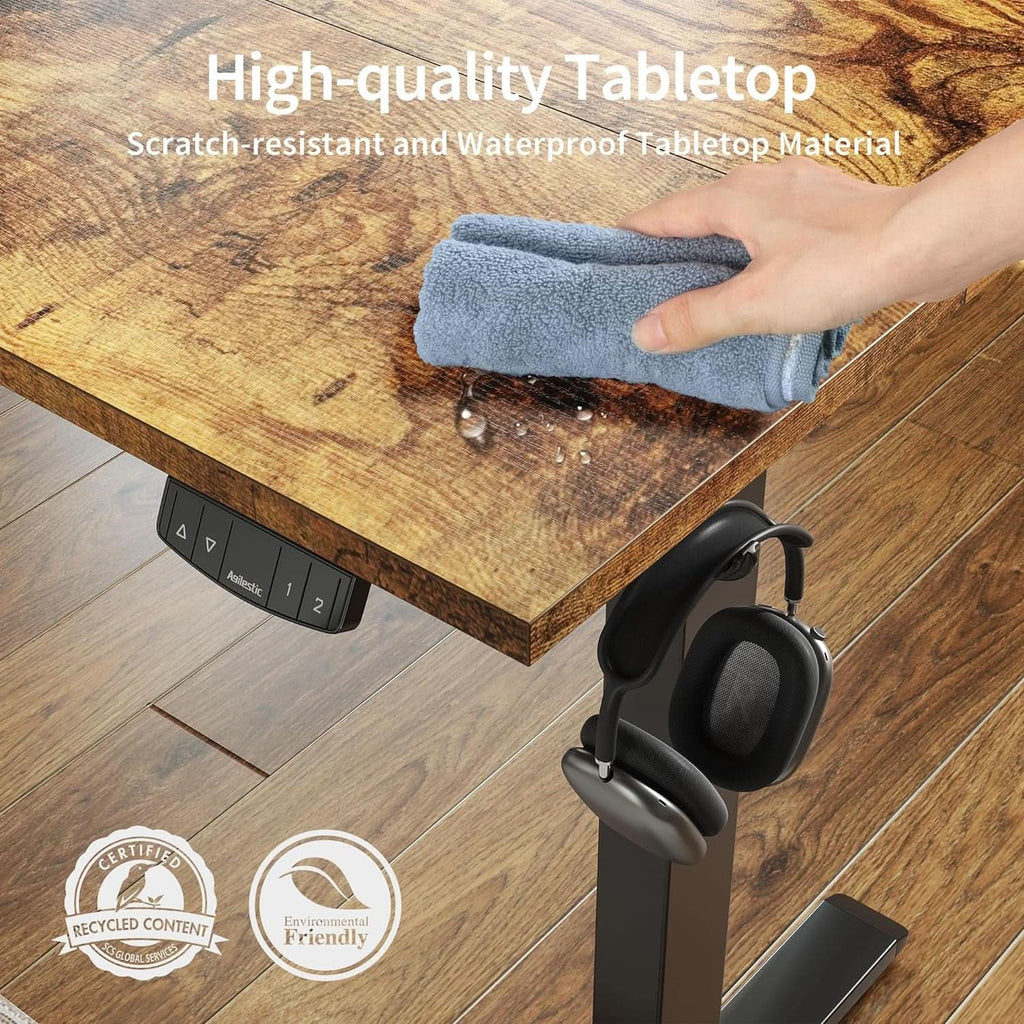 Rustic brown electric standing desk with black steel T-shaped frame and adjustable height features — view 5