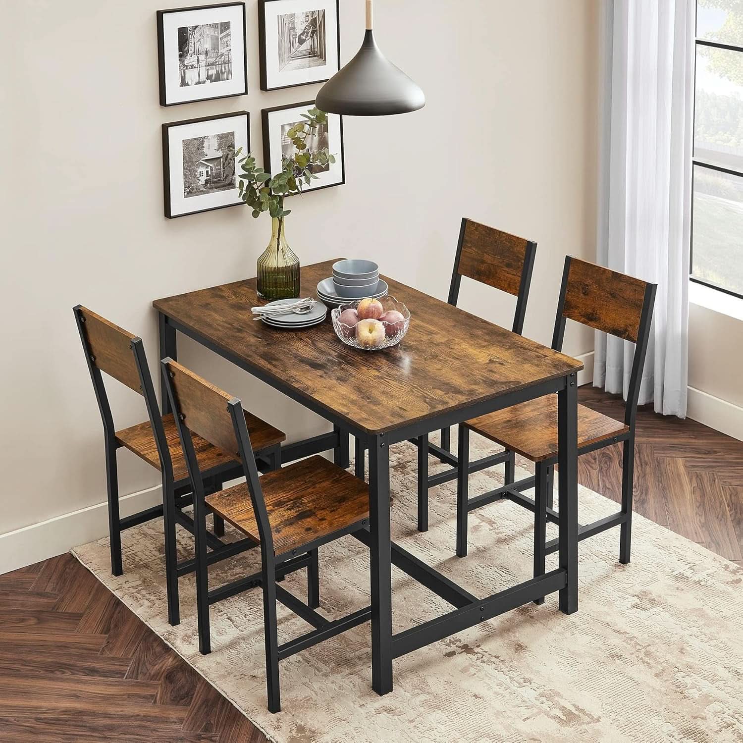 Rustic wood dining chairs set of two with brown seat and black metal frame — view 3