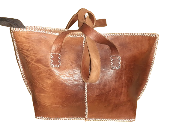 Medium rectangular rustic cowhide leather handbag with white stitching and sturdy dual handles. — view 8