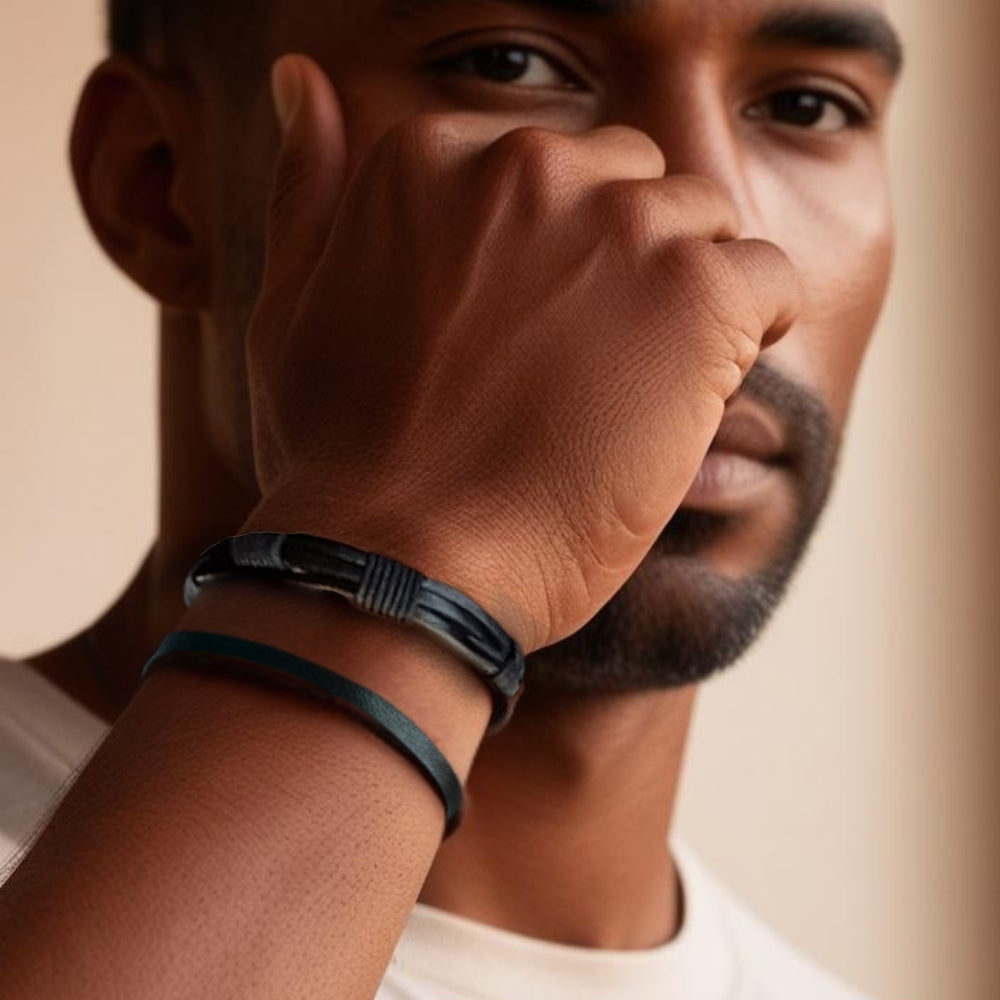 Men's black multi-strand leather and woven cord bracelet displayed in a sophisticated dark gift box — view 2