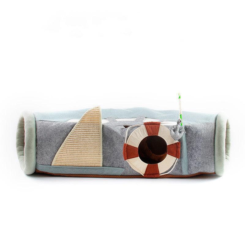 Foldable semi enclosed cloth cat scratcher and hideaway litter box in a modern tunnel design