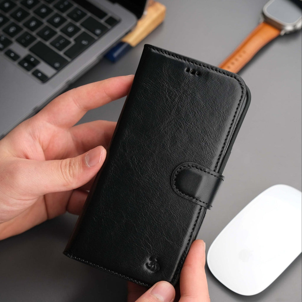 Genuine leather iPhone 15 Plus wallet case featuring a detachable MagSafe back cover and card slots — view 3