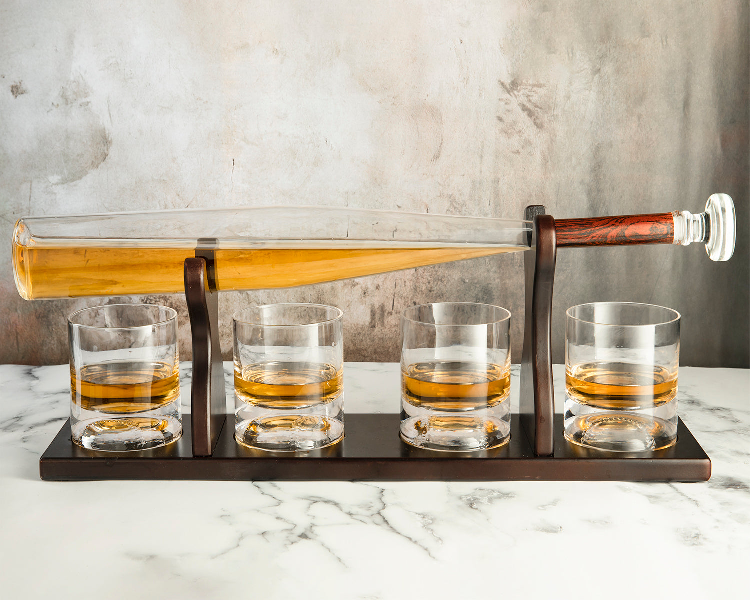 Baseball bat whiskey decanter set with four themed glasses on a rich mahogany wood holder — view 2