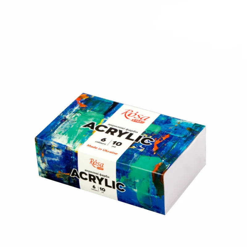 Rosa Start acrylic paint set featuring six vibrant colors in a stylishly designed packaging box