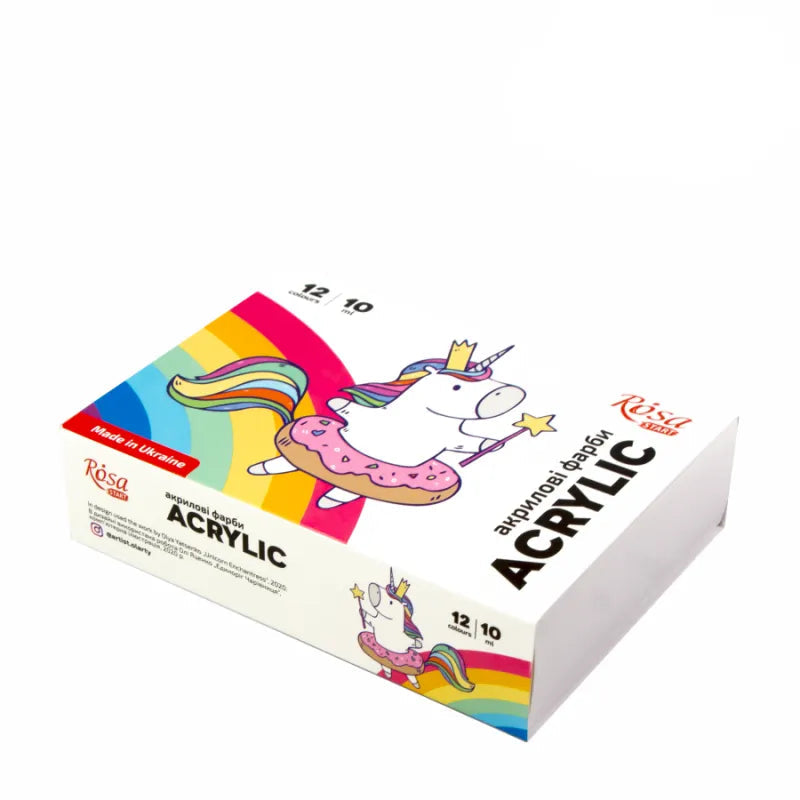 Rosa Start Unicorn 12 color acrylic paint set in tubes with bright playful packaging