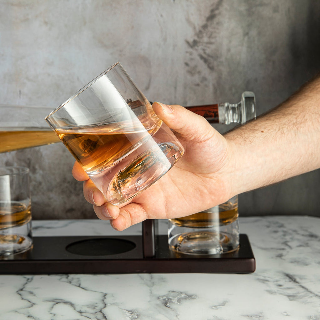 Baseball bat whiskey decanter set with four themed glasses on a rich mahogany wood holder — view 3