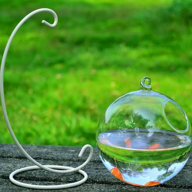 Mini hanging fish tank in clear borosilicate glass suspended from an elegant curved metal bracket — view 5