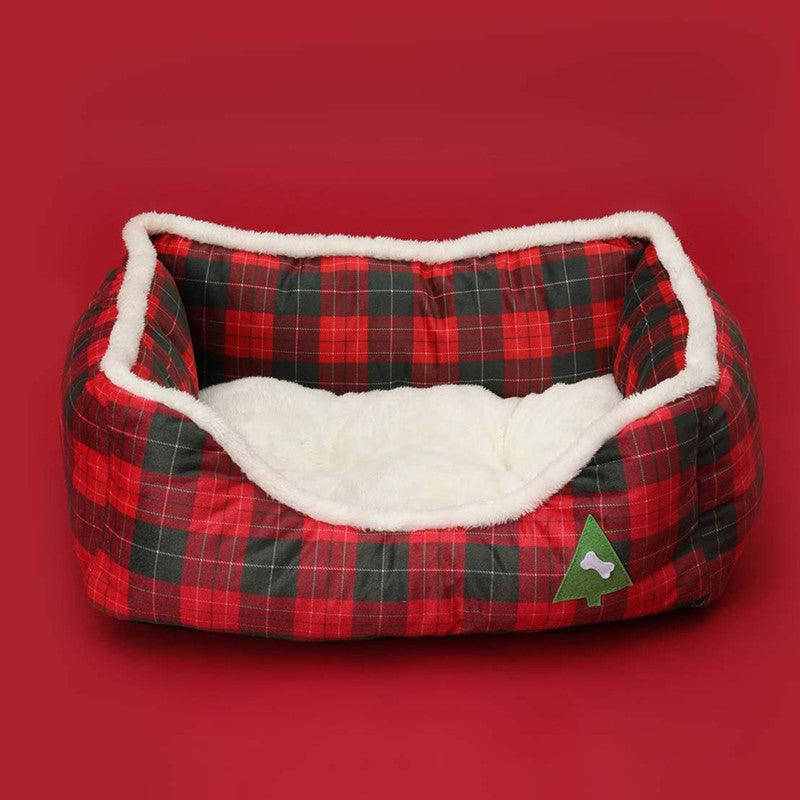 Luxury festive pet bed with red lattice pattern, plush exterior, and cozy lambswool interior. — view 4