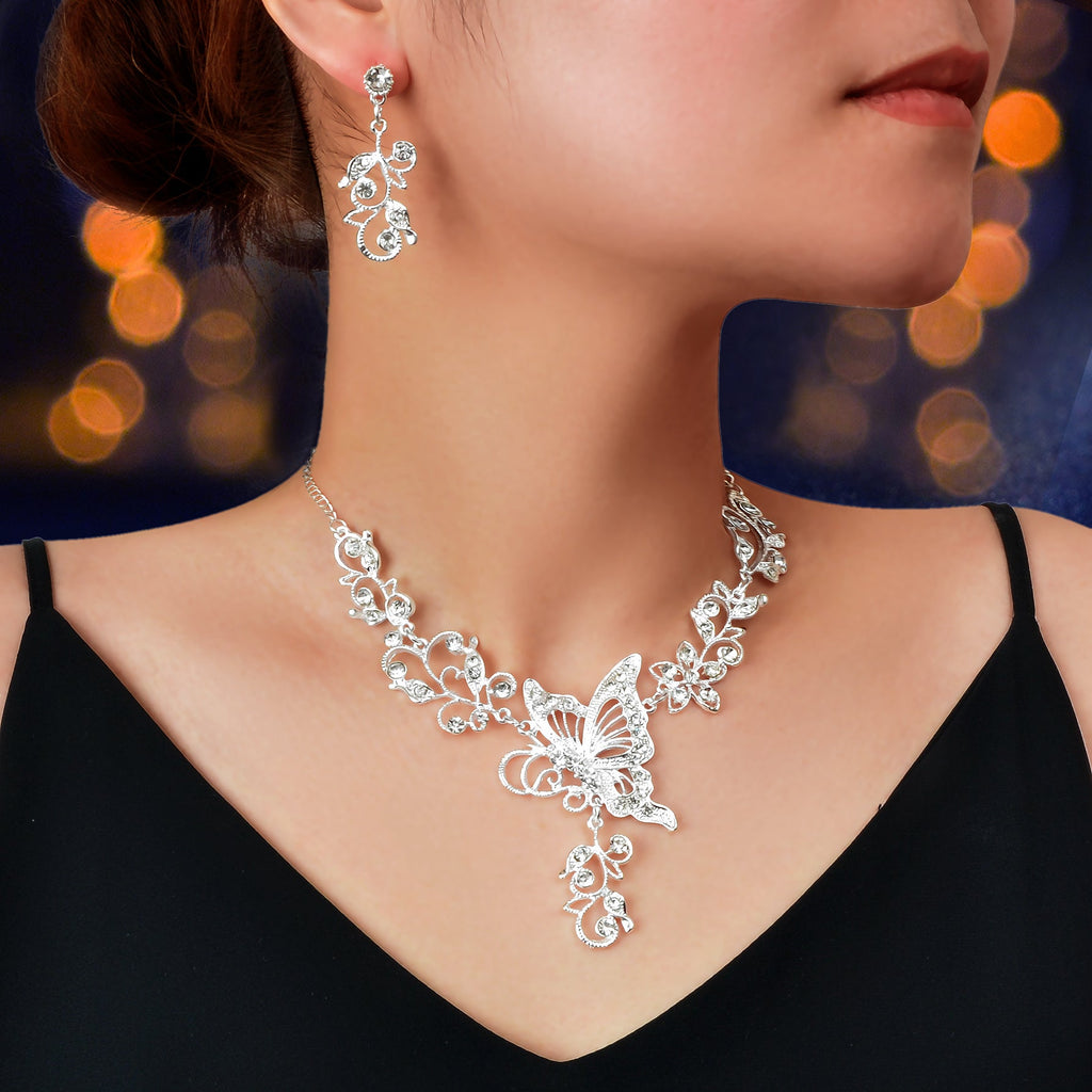 Silver-toned flower and butterfly collar necklace with matching drop earrings elegant anniversary jewelry set