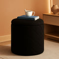 Black teddy boucle round storage ottoman with a wooden tray lid and hidden internal compartment