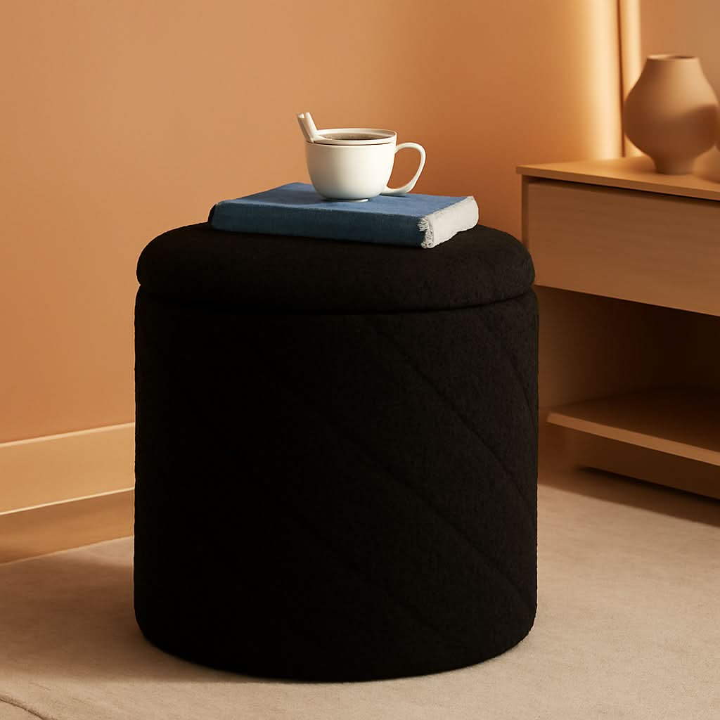 Black teddy boucle round storage ottoman with a wooden tray lid and hidden internal compartment