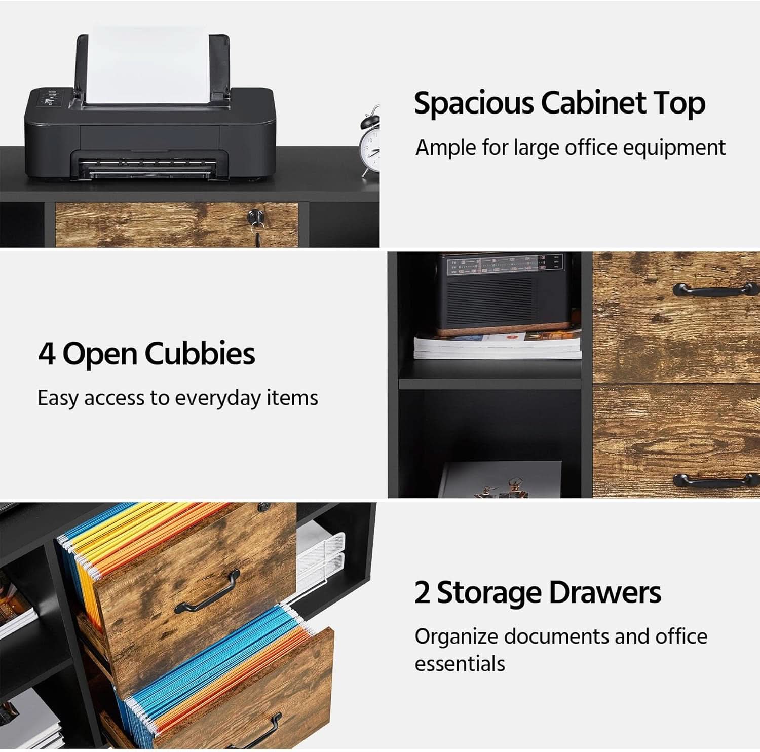 Black and rustic brown 2-drawer lateral filing cabinet with rolling castors and open compartments — view 4
