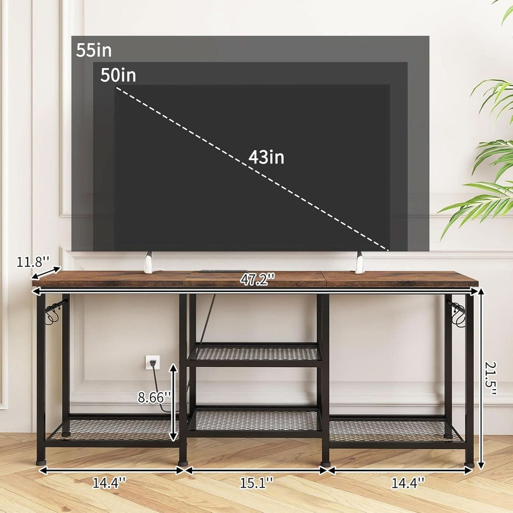 Rustic brown 47.2 inch TV stand with open mesh shelving side hooks and a charging station — view 2