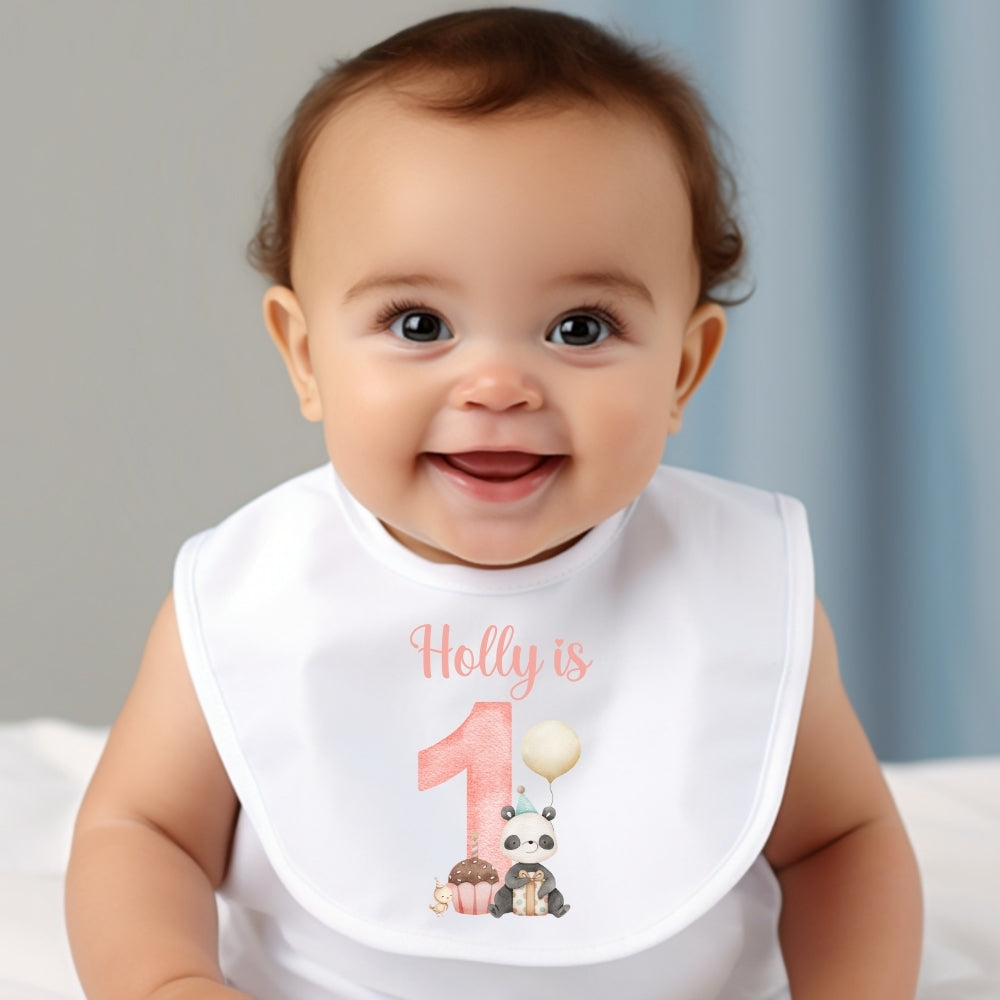Personalised pink first birthday baby outfit with cute panda design and custom name — view 2