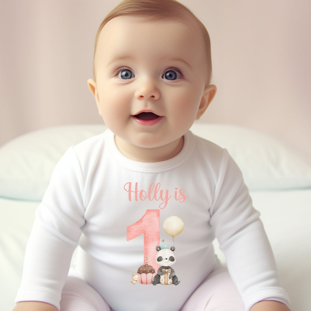 Personalised pink first birthday baby outfit with cute panda design and custom name — view 3