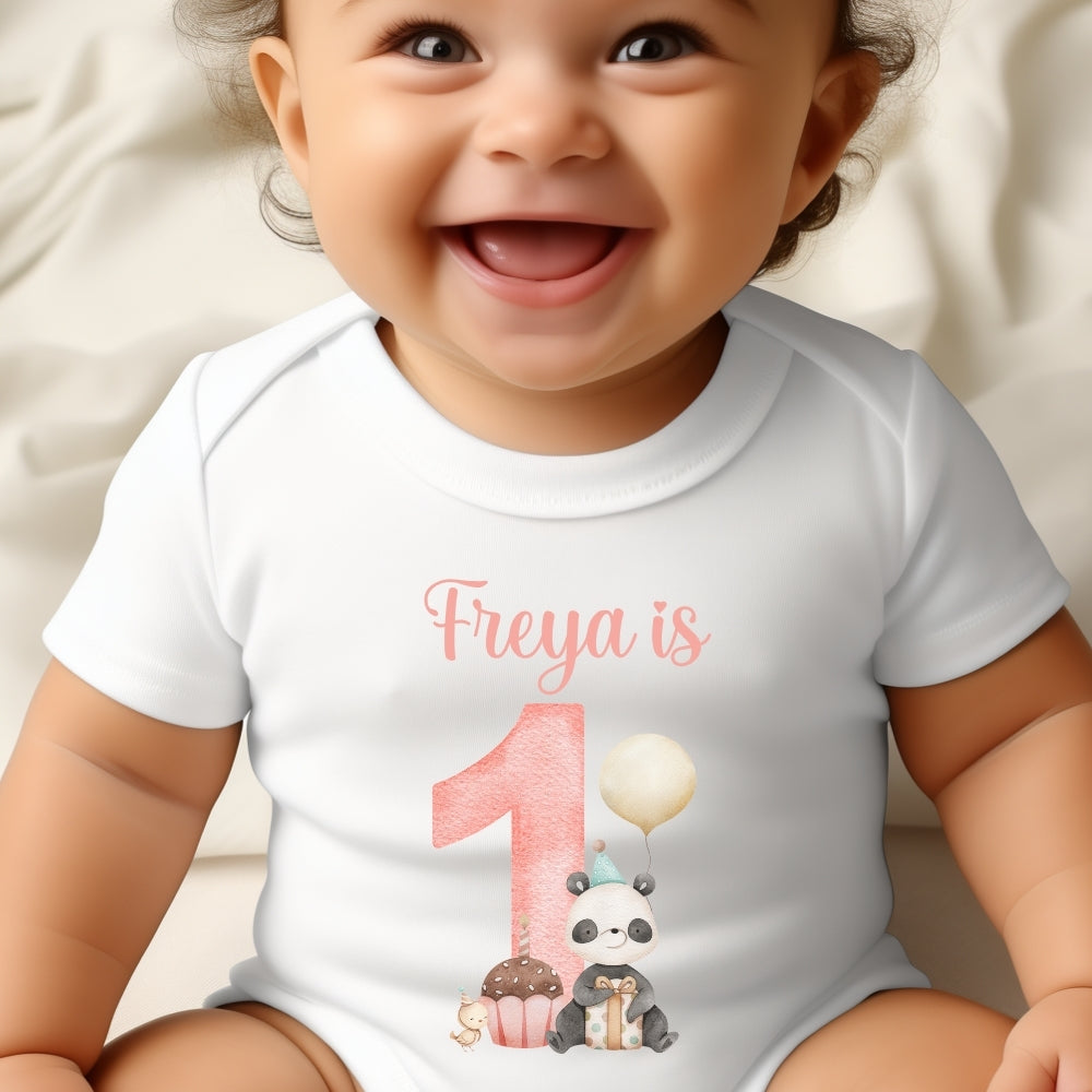 Personalised pink first birthday baby outfit with cute panda design and custom name