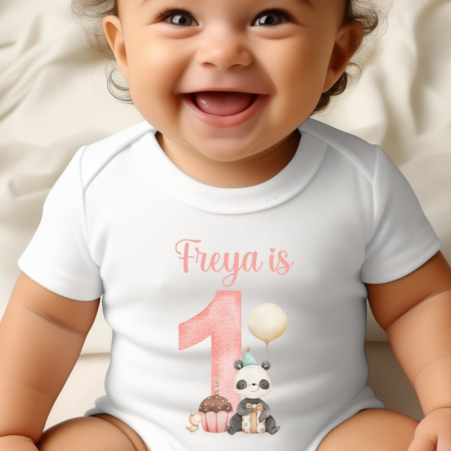 Personalised Pink 1st Birthday Panda Baby Outfit: Bib, Vest, Baby Grow