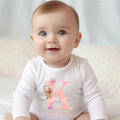 Personalised pink baby outfit featuring teddy bear motifs custom printed initial cotton bib and newborn vest