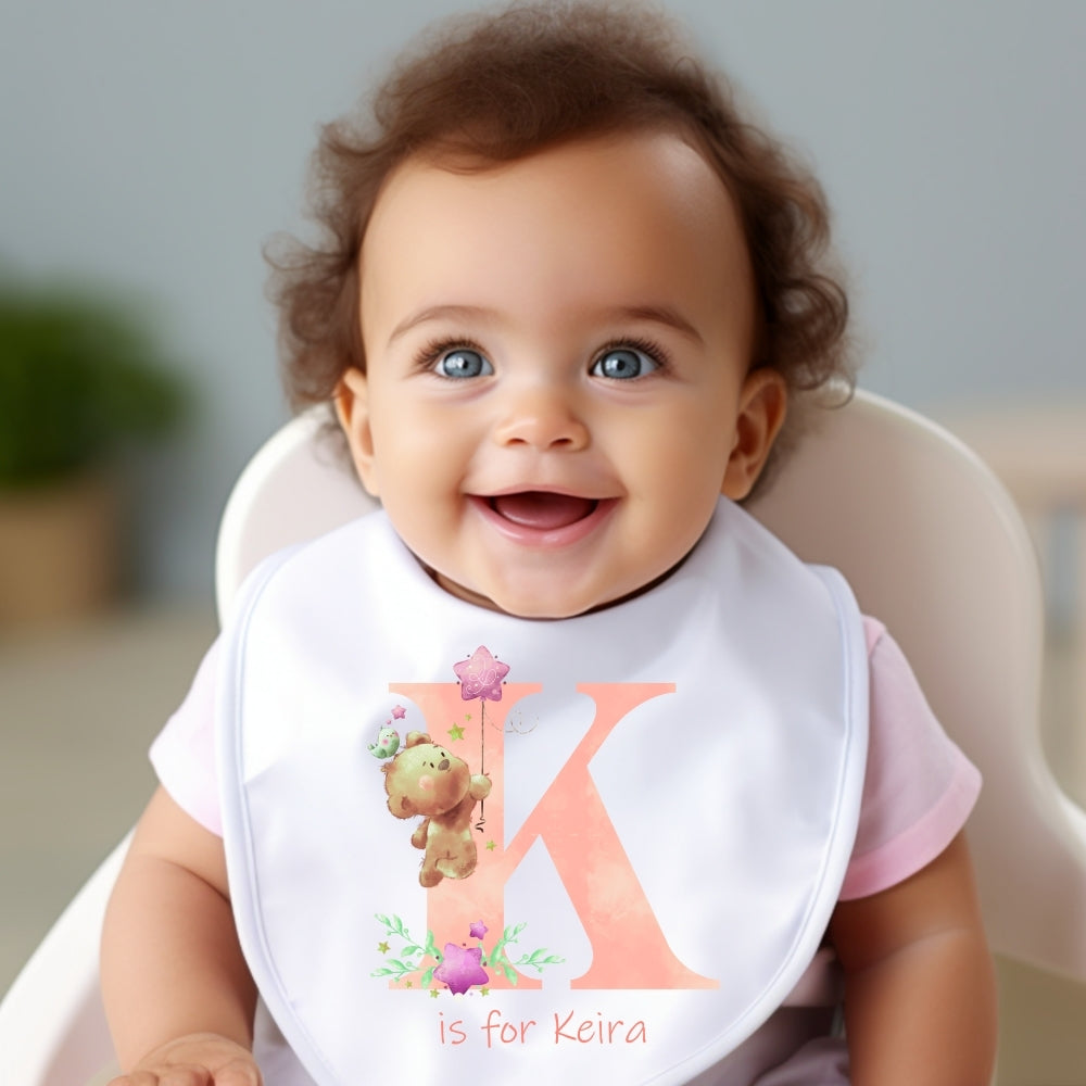Personalised pink baby outfit featuring teddy bear motifs custom printed initial cotton bib and newborn vest — view 3