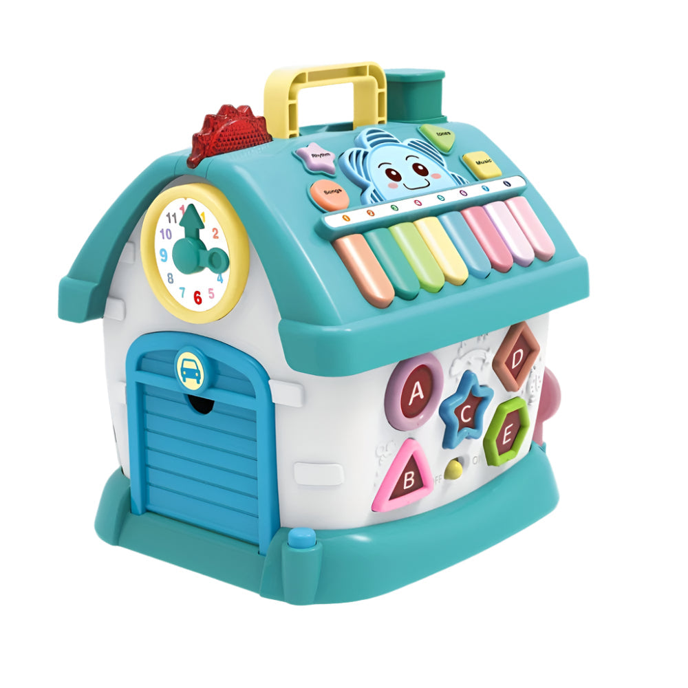 Blue interactive toy house learning playset with colorful buttons and switches for toddlers