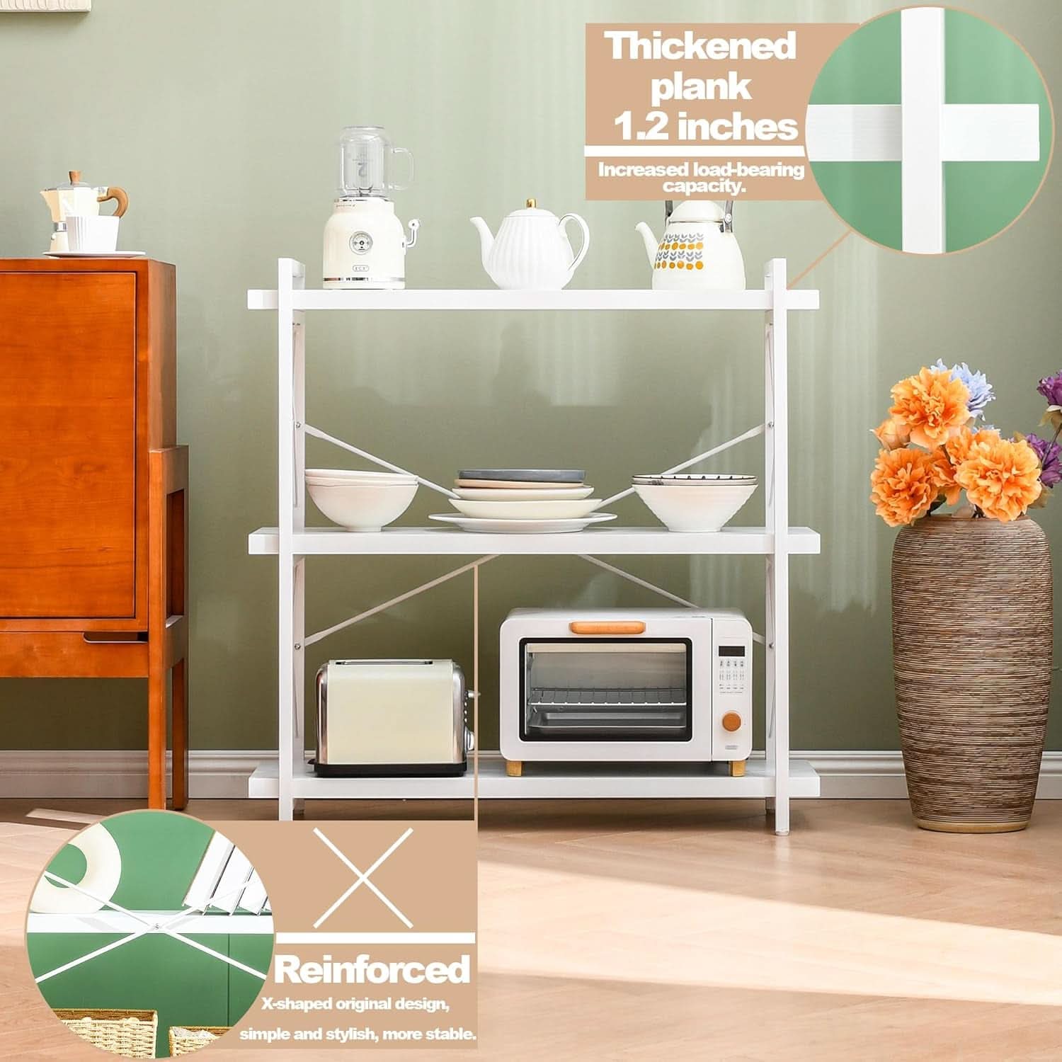 3-tier white industrial bookshelf with metal frame and wooden open shelving unit for home office — view 5