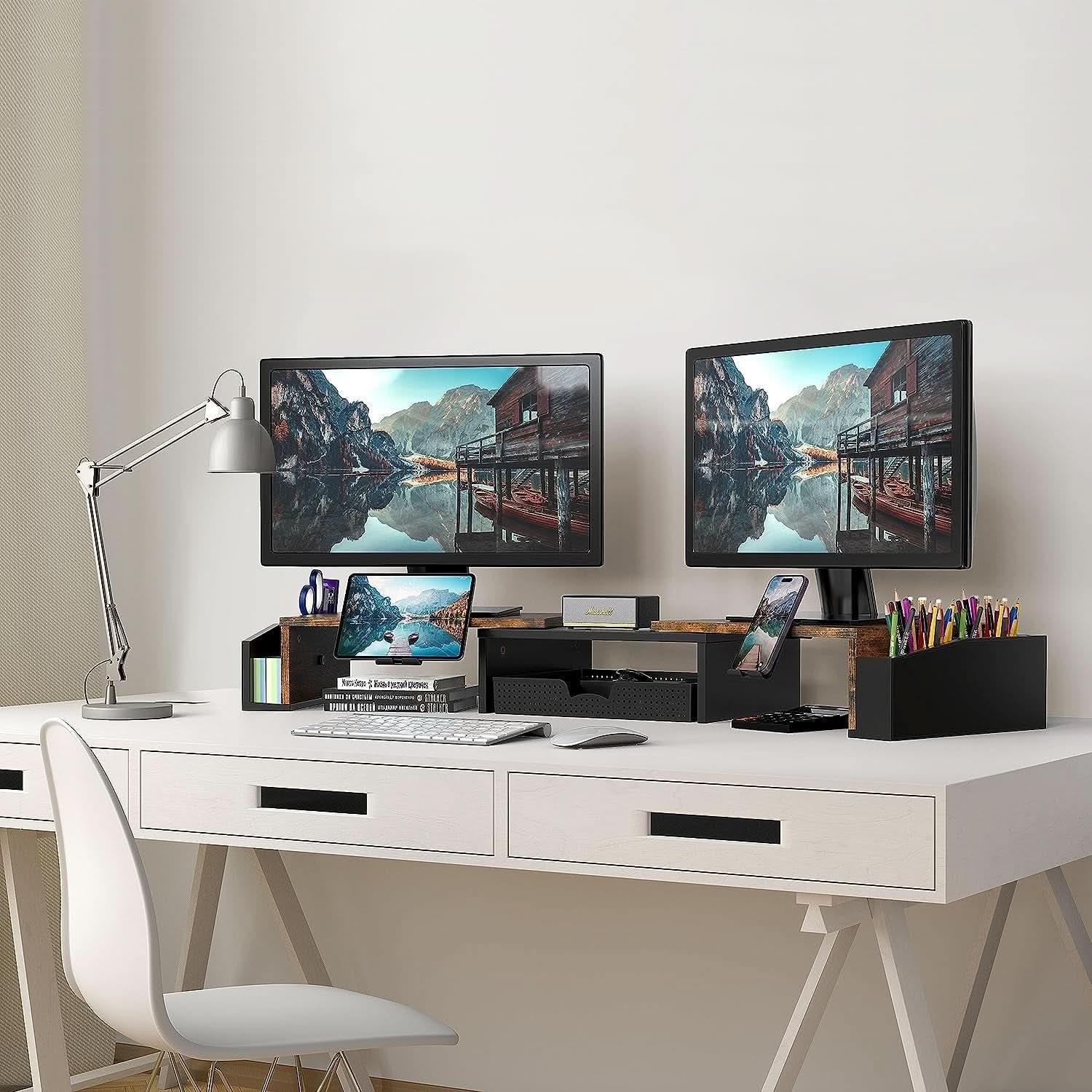 Rustic brown dual monitor stand riser with sliding storage drawer and smartphone holder on desk — view 5