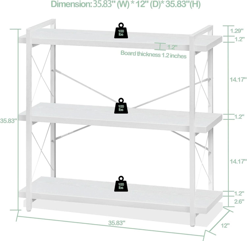 3-tier white industrial bookshelf with metal frame and wooden open shelving unit for home office — view 3