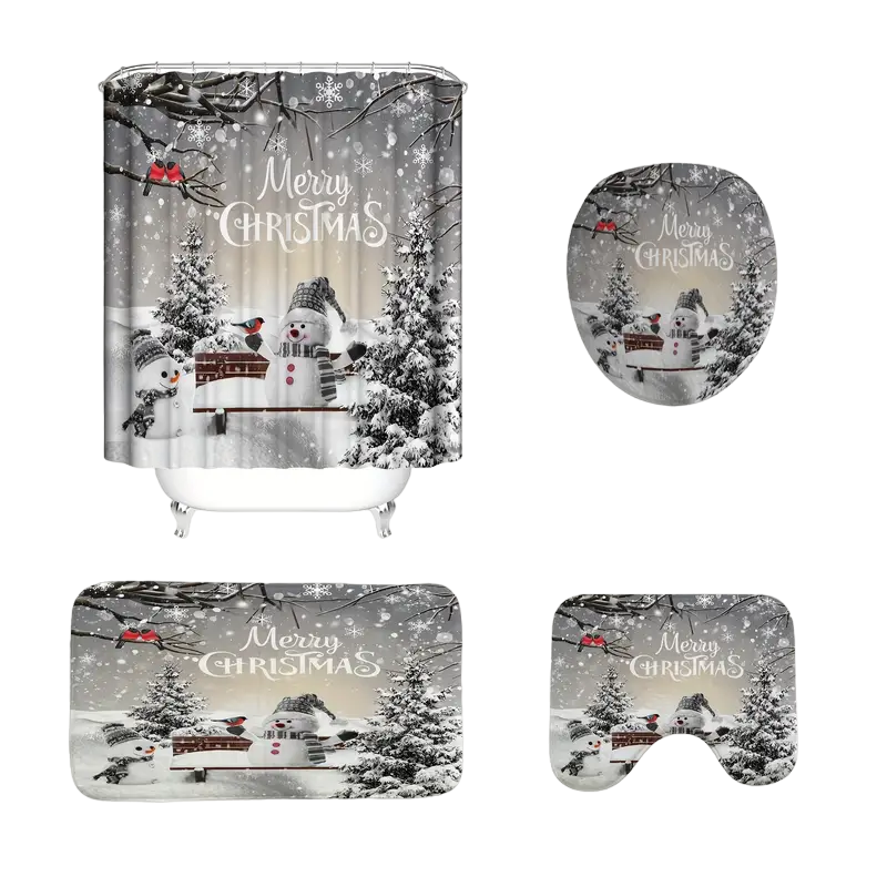 4-piece Christmas snowman shower curtain set with bath mat, U-shape rug, and toilet lid cover.