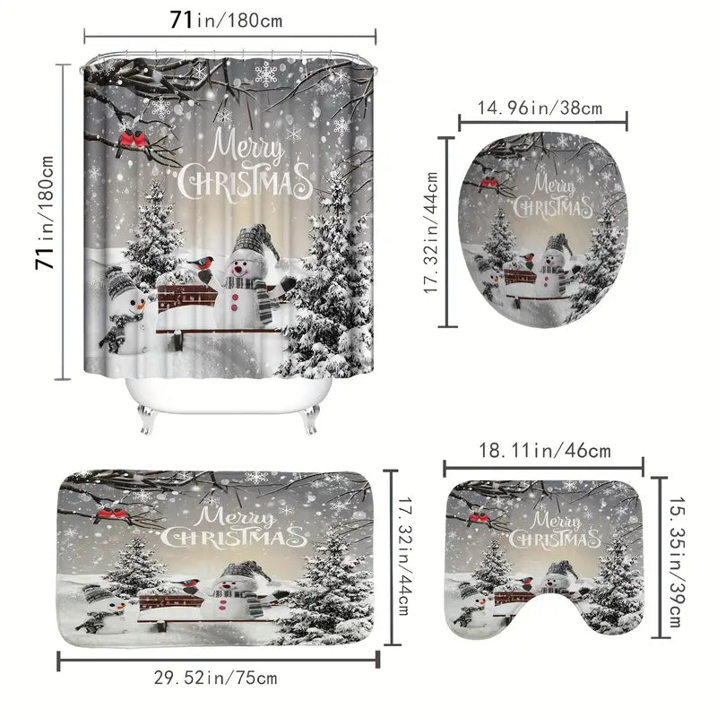 4-piece Christmas snowman shower curtain set with bath mat, U-shape rug, and toilet lid cover. — view 2