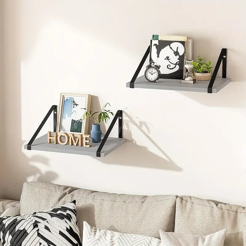 Rustic wooden floating wall shelf set of two displaying small plants and framed photos — view 4