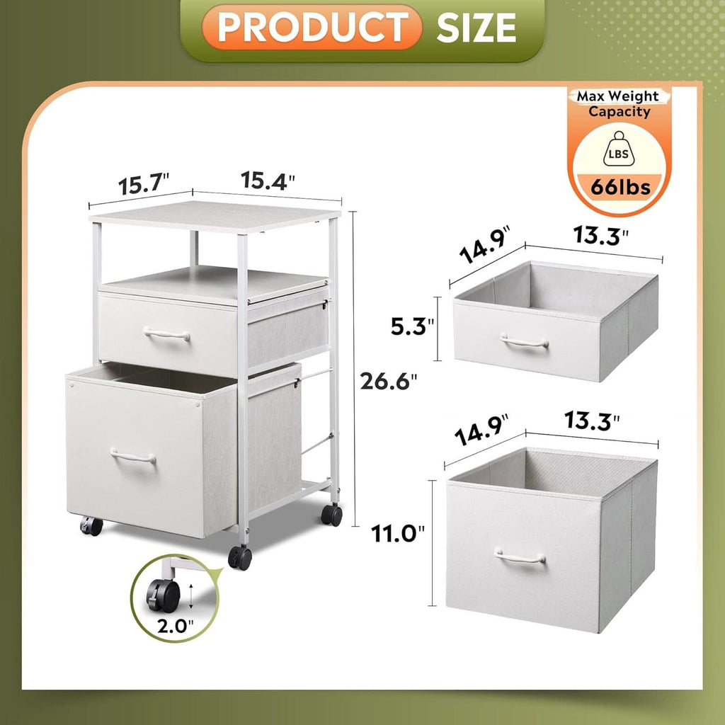 White 2-drawer vertical filing cabinet and mobile printer stand with wooden top and fabric drawers — view 3