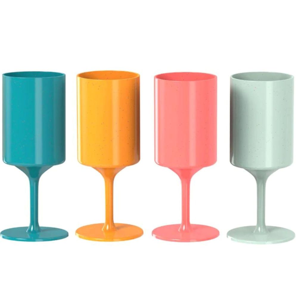 Four colorful reusable outdoor wine glasses in orange, coral, aqua, and teal made from bamboo — view 3