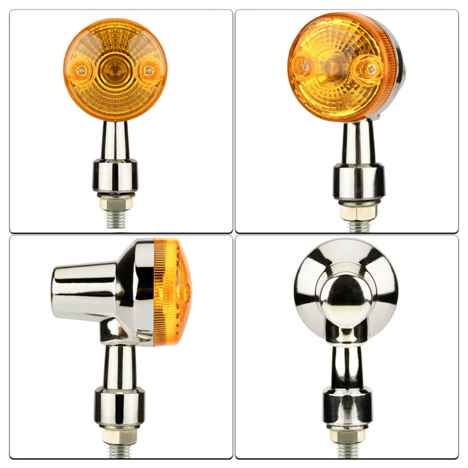 Chrome motorcycle turn signals with bright amber lens and silver housing for custom bike builds. — view 4