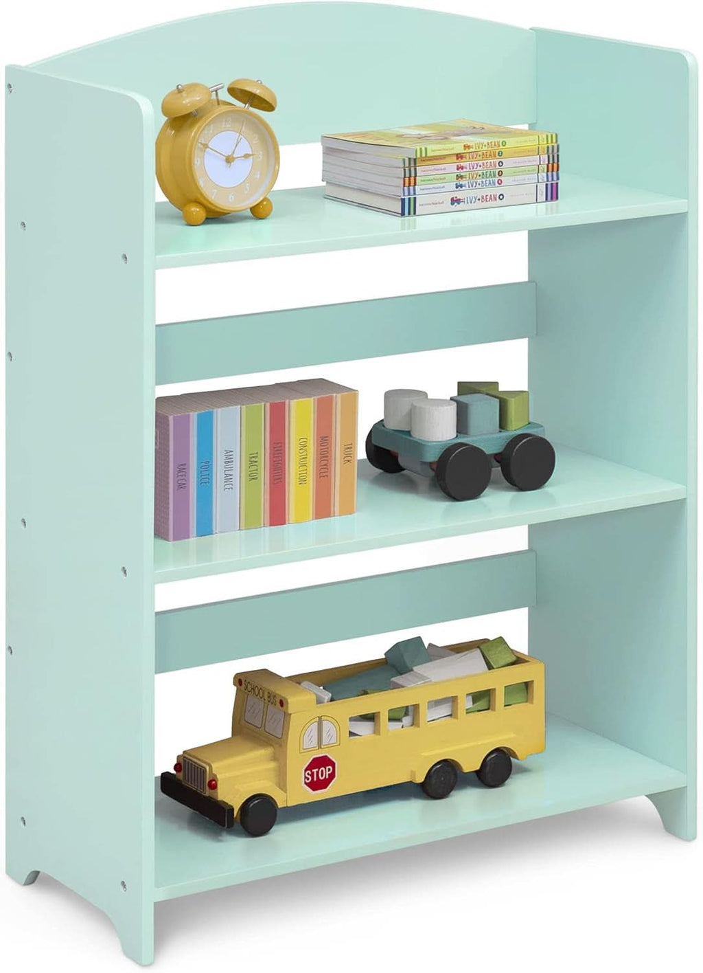 Mint green kids wooden bookshelf with three open tiers for playroom and nursery organization — view 5