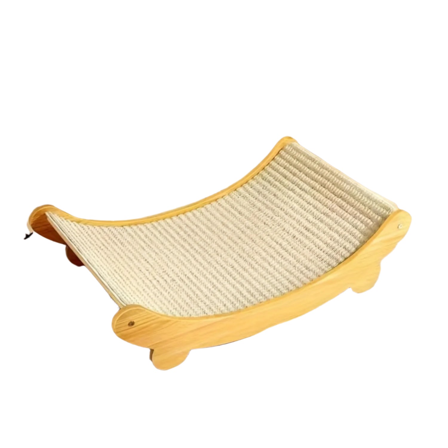 Space-saving wooden cat scratcher tower with natural wood finish and textured linen scratching post