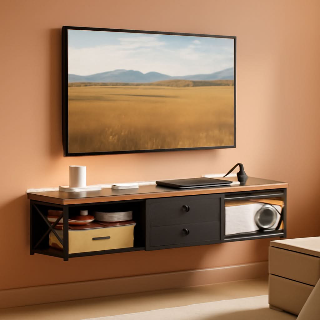 Rustic brown wall mounted TV stand with charging station, mesh shelves, and fabric drawers
