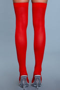 Opaque nylon thigh highs with solid band, showcasing seamless toe-to-thigh coverage for women's fashion