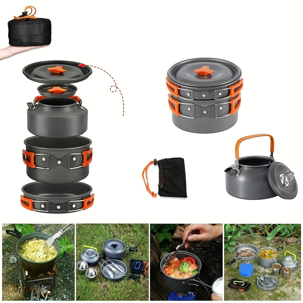 Ultra-light aluminum camping cookware set featuring orange accents, pots, pans, and a matching kettle. — view 2