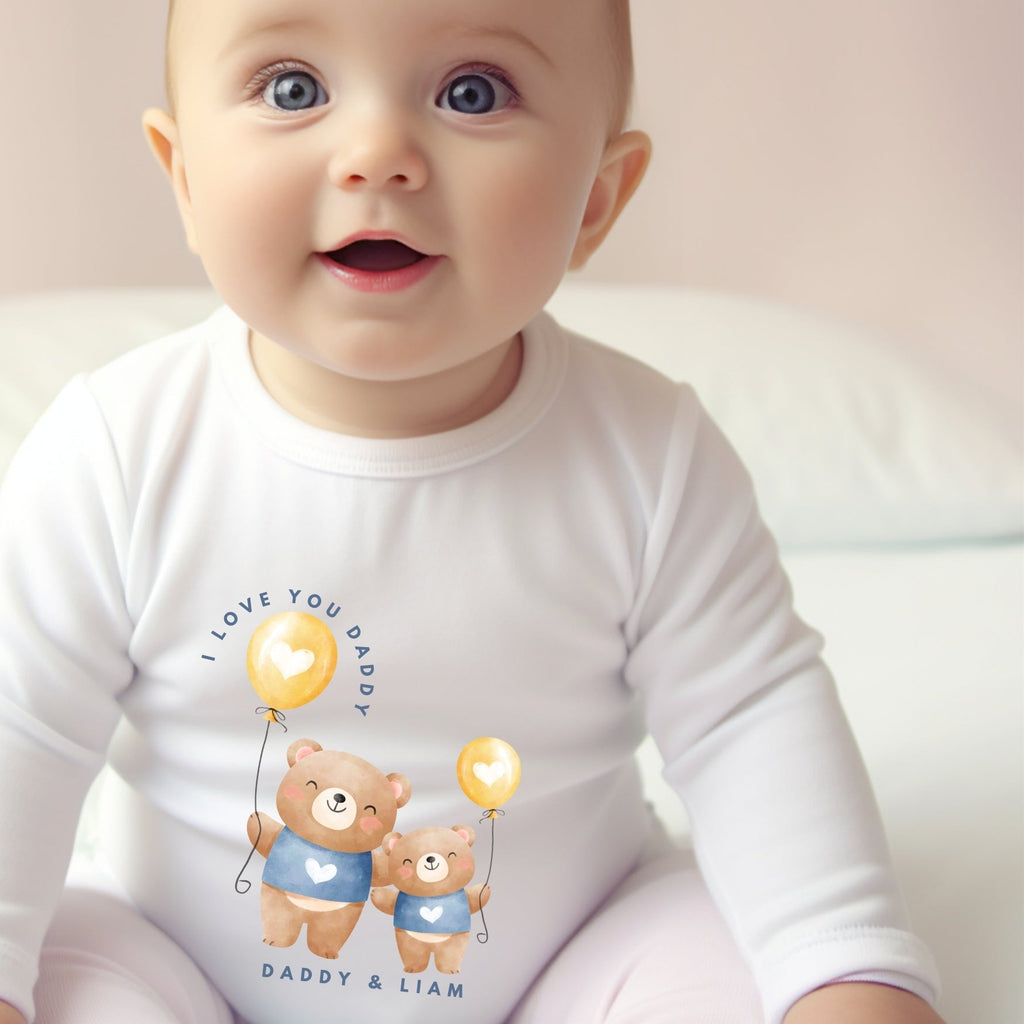 Personalised Daddy and Baby Bear baby clothing with custom name printed on soft white fabric — view 2