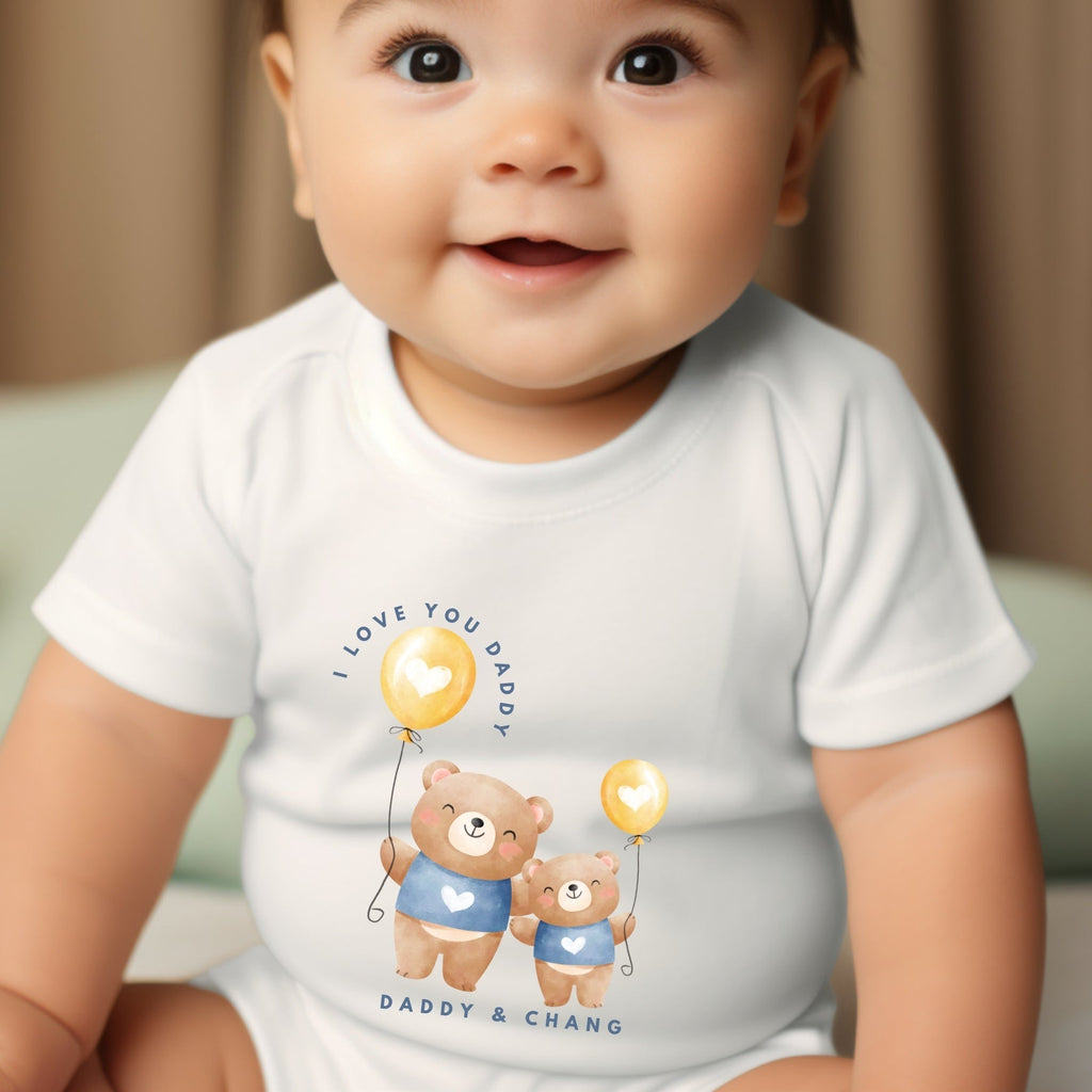 Personalised Daddy and Baby Bear baby clothing with custom name printed on soft white fabric — view 3