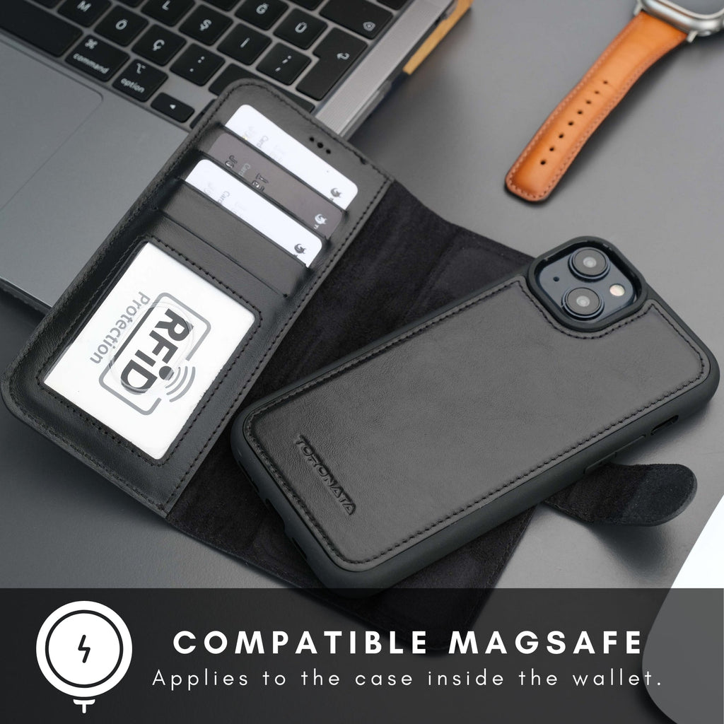 Genuine leather iPhone 15 Plus wallet case featuring a detachable MagSafe back cover and card slots — view 5